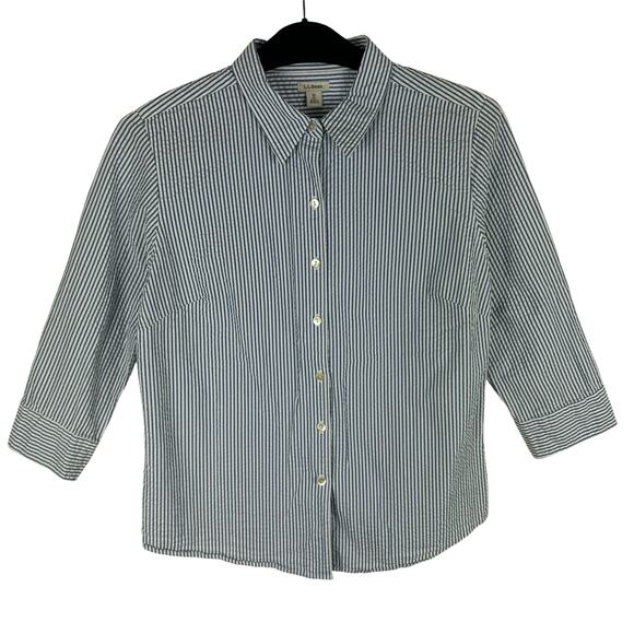 L.L. Bean Blue White Pinstriped 100% Cotton 3/4 Sleeve Collared Button Up Size M - Picture 1 of 8